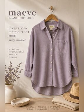 Maeve by Anthropologie Linen Blend Button Front Shirt Dusty Lavender
